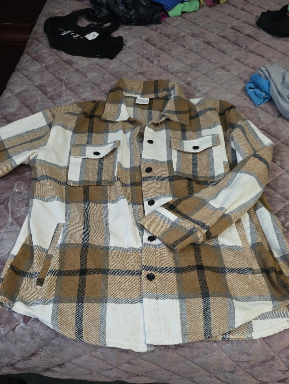 CVG Plaid Button-Up Flannel Shacket - Tan & White